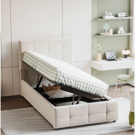 Letto bambini 90x200 cm in velluto beige con vano contenitore, senza materasso – MEUBLIV (1/5)