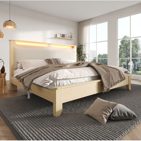Bett mit LED und Matratze 140x200 cm Holz Beige OKMYHOME (1/5)