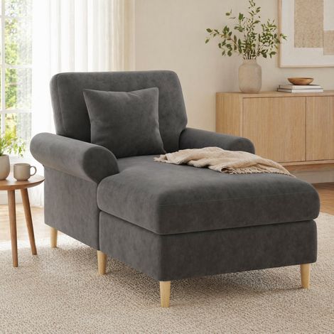 Poltrona relax in velluto grigio con poggiapiedi estensibile, 1 posto, 133 x 87 x 90 cm (1/5)