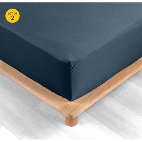 Lot de 2 Drap housse percale de coton 78fils ultra doux 160 x 200 cm Bleu nuit (1/5)
