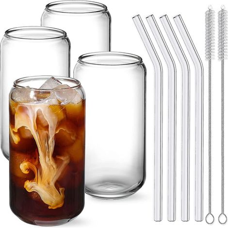 Ensemble de 4 verres avec paille en verre - Verres en forme de canette de 47 cl, verres à bière, verres à café glacé, joli gobelet, idéal pour le whisky, les sodas, (1/5)
