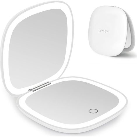 Miroir de poche lumineux, miroir de voyage grossissant 1x/10x, recto-verso à intensité réglable, rechargeable USB, compact et portable. (1/5)