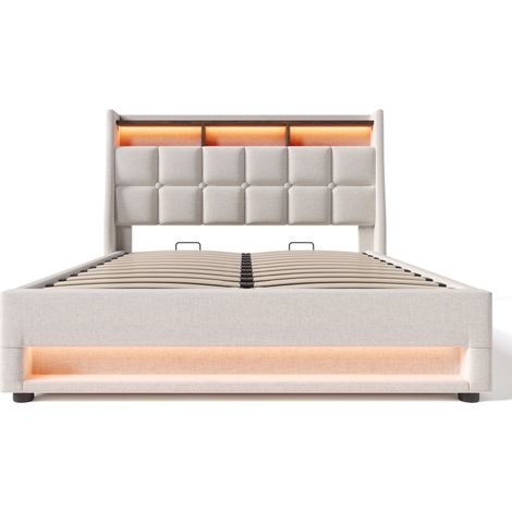 Letto contenitore imbottito 140x200 cm in lino con LED e USB, beige chiaro HOMVRA (1/5)