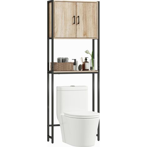 kleankin mueble sobre inodoro, organizador sobre WC con 2 puertas, estante ajustable, estante abierto, para espacio pequeño, 64x19x178 cm, natural