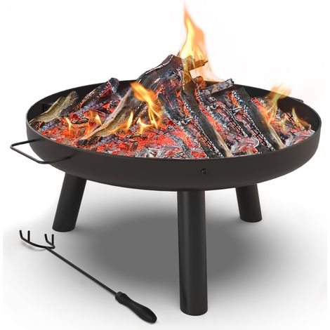 VOUNOT® Braciere da Giardino Ø60 cm in Metallo con Griglia e Attizzatoio, Braciere da Esterno Rotondo, Nero