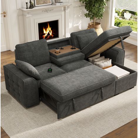 Divano angolare 237x141x86 cm, trasformabile in letto, con tavolino nascosto, contenitore, tessuto chenille grigio (1/5)