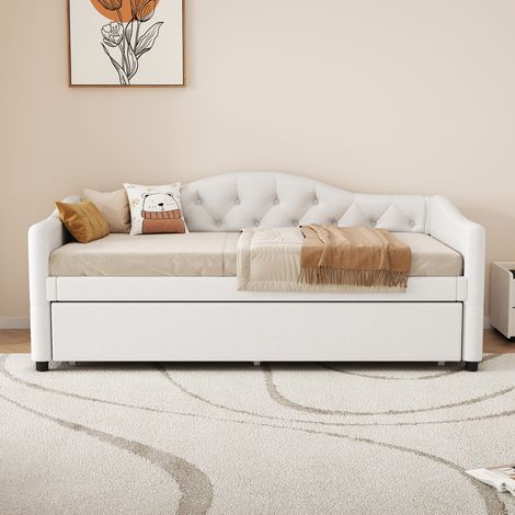 Méridienne, 90 x 200 cm. Méridienne avec lit gigogne, canapé-lit, lit simple (sans matelas), lin, style minimaliste, beige. (1/5)