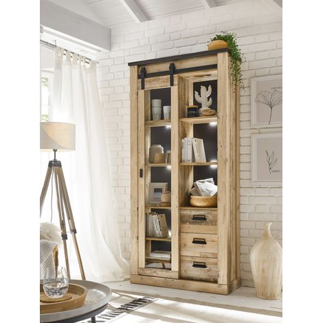 Vitrinen Schrank inkl. Beleuchtung SHELTON-61 in Old Style hell Nb. mit anthrazit, B/H/T: ca. 93/201/38 cm (1/5)