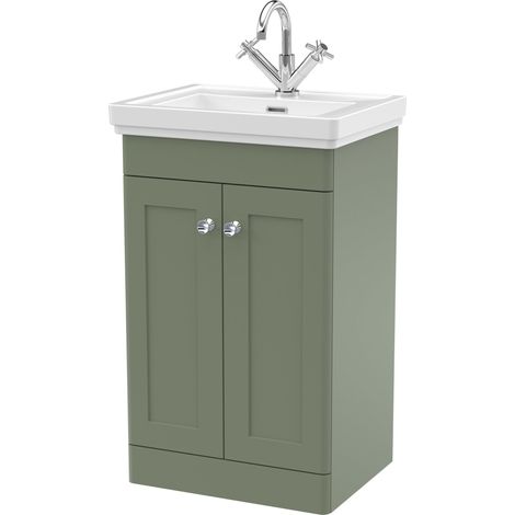Nuie Classique Floor Standing 2-Door Vanity Unit with Basin 500mm Wide Satin Green - 1 Tap Hole (1/4)