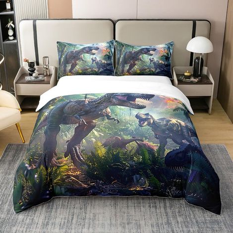 Parure de lit 100 % coton bio 3D Motif dinosaures Silhouettes de dinosaures Évolution jurassique Pour enfants garçons Housse de couette douce et chaude 155 x 220 cm (1/4)