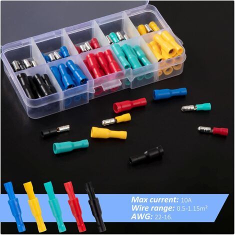 Cosses électriques, 100 pièces Bornes et kits de connecteurs à sertir électriques isolés Connecteurs de bornes à fil droit pour automobiles, pour Voiture Cosse a Sertir Ronde Isolé Bornes pour Câblage (1/4)