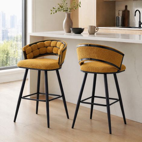 Lot 2 sgabelli da bar 56x44x86 cm in velluto giallo, metallo nero, per cucina FloraGrace (1/5)