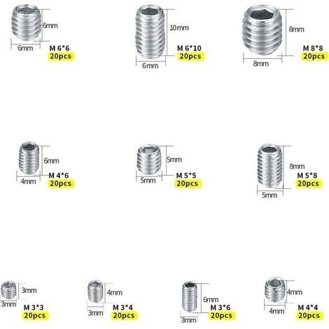 200 Vis Sans Tête en Acier Inoxydable M3 M4 M5 M6 M8 pour Métal – Kit de Fixations Complets avec Pointeau (1/5)