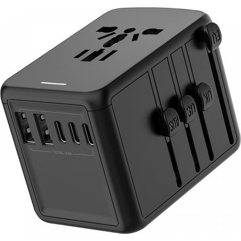 El adaptador de viaje universal incluye un puerto USB-C de 5,8 A (3 x 3,0 A), un puerto USB-A (2 x 2,4 A), varias tomas de corriente alterna, un adaptador de enchufe internacional integrado y un carga (1/5)