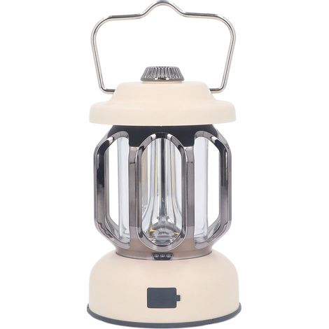 Lanterne de camping rétro, lampe de camping vintage rechargeable USB-C, 3 modes d'intensité, avec crochet, étanche, LED, beige. (1/5)