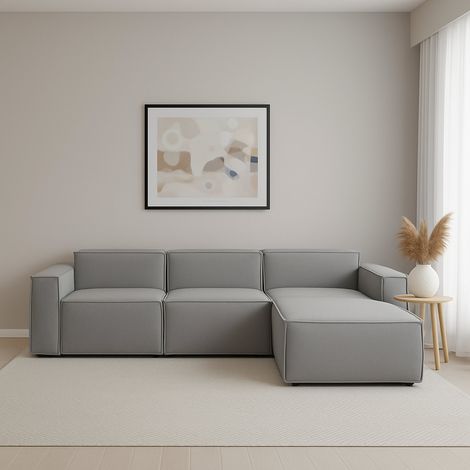 Dmora - Sofá fijo Ddzek, Sofá modular 3 plazas península derecha, 100% Made in Italy, Sofá moderno en tela, Cm 300x170h70, Gris (1/5)
