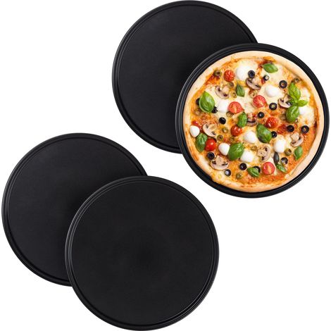 4x Teglia per Pizza, Set, Rotonda, Forata, Antiaderente, per Crostate, Acciaio al Carbonio, ∅ 32 cm, Grigio