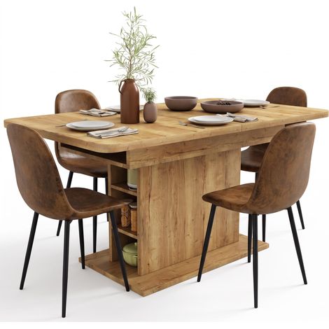 FurnitureR 5-Piece Dining Set, 110-130CM Natural Wood Extendable Rectangular Table & 4 Brown Suede Chairs (1/5)