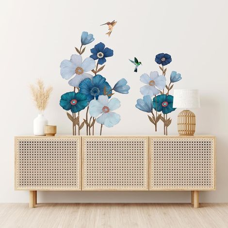 CCYKXA  Blue and White Flower Wall Stickers, Floral Plant Wall Decals with Flying Birds for Living Rooms, Bedrooms, Homes, Offices, Sofa Background Wall Decoration (1/5)
