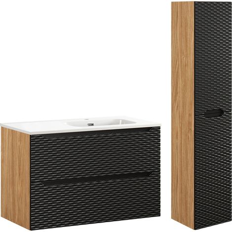 Ensemble meuble simple vasque encastrée droite 90cm et colonne Elora Noir et bois (1/5)