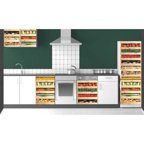 Sticker mural Photo trompe l'oeil cagettes légumes 180x60cm, Réfrigérateur Décoration intérieure, Idée cadeau originale (1/2)