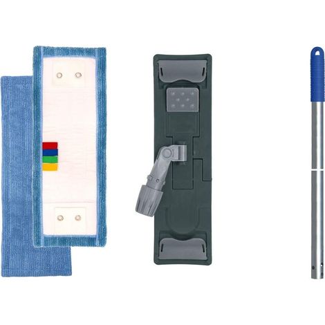 Le Plus De L'Entretien – Balai à plat avec monture de lavage – 2 franges microfibres – Manche inclus – Pour nettoyage sols durs et surfaces délicates