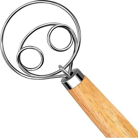 Frullatore a mano in acciaio inox, impastatrice per pane con gancio, impastatrice per pasta madre, manico in legno, utensile da cucina, utensile da forno (doppio foro) (1/4)