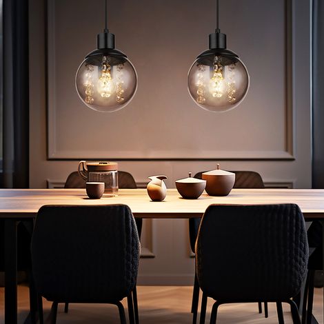 Pendellampe Esstischleuchte Hängeleuchte Wohnzimmer, Glas rauch, Metall schwarz, 1x E27, DxH 15 x 150 cm, 2er Set