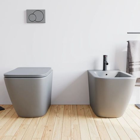 Sanitari filomuro in ceramica grigio opaco vaso rimless sedile soft close e bidet Venezia