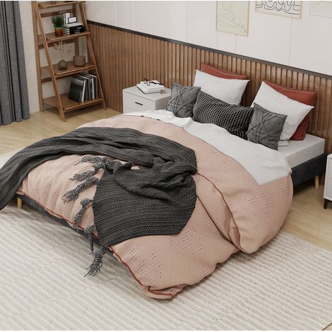 Letto in tessuto grigio 160x200 cm con testiera alta e rete a doghe, struttura in metallo (1/5)