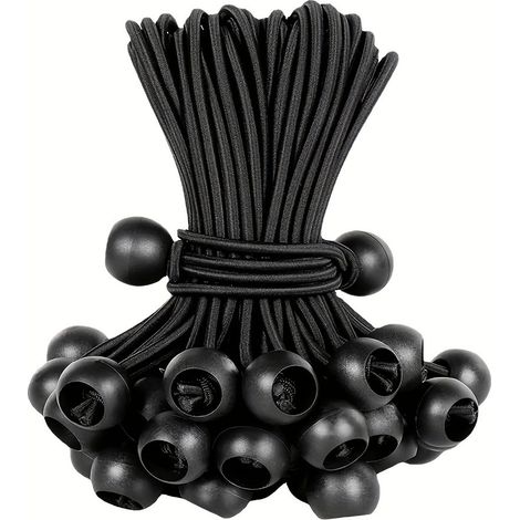 Lot de 50 sangles en caoutchouc avec boule, fil noir résistant aux UV, avec cordon élastique pour sangles, tentes, poteaux et câbles NOIR (15 CM 6 TU