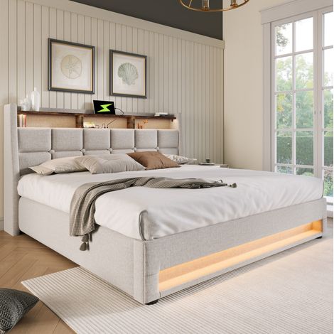 FLORAGRACE Letto imbottito 160x200 cm in lino beige,con USB, LED e rete sollevabile per camera moderna (1/5)