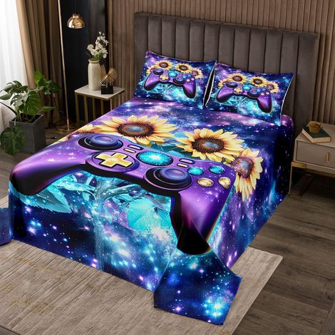 Console de Jeux Garçons Couvre-Lit 260x240,Tournesol Console de Jeux Dessus de Lit Garçons Jeu Couverture Set Fleur Galaxie Quilting,Console de Jeux Décoration Garçon Chambre À Coucher Décoration - 26 (1/5)