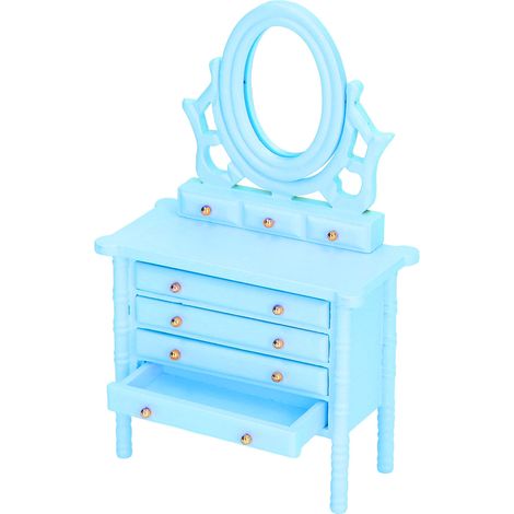 Table de toilette miniature en bois, échelle 1:12, avec miroir, bleue, pour maison de poupée. Modèle haute définition. (1/5)