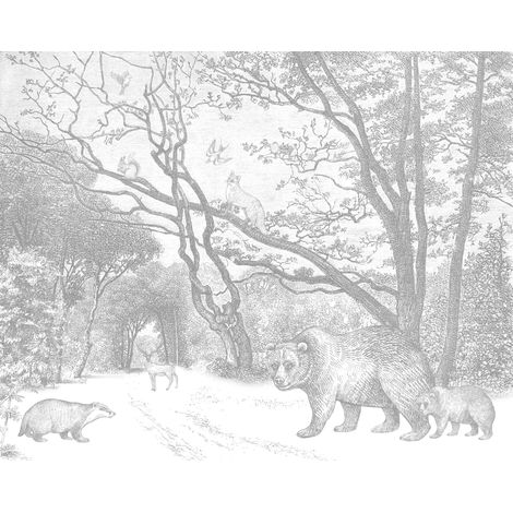 papier peint panoramique forêt avec des animaux de la forêt gris  - ESTAhome (1/5)
