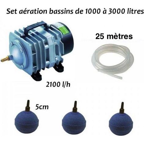 Set aérateur pompe à air bassin de jardin de 1000, 2000 et 3000 l. Bulleur et tuyaux inclus