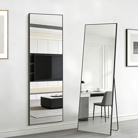 Miroir Pleine Longueur 150x40 cm, Miroir sur Pied, à Suspendre, Debout ou appuyé, Grand Miroir cosmétique HD, Cadre en Aluminium, Noir, carré (1/5)
