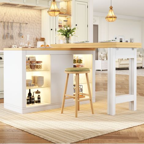 Mesa isla de cocina extensible 120x40x72 cm blanca en MDF con LED RGB, giro 360° y puertas magnéticas (1/5)