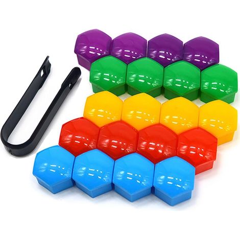 20 Pièces 21 mm Voiture Roue Cache-Écrous, Bouchon à Vis de Moyeu de Voiture Universel, Cache-Écrou de Pneu Hexagonal avec Outil de Retrait (Rouge Jaune Bleu Vert Violet) (1/5)
