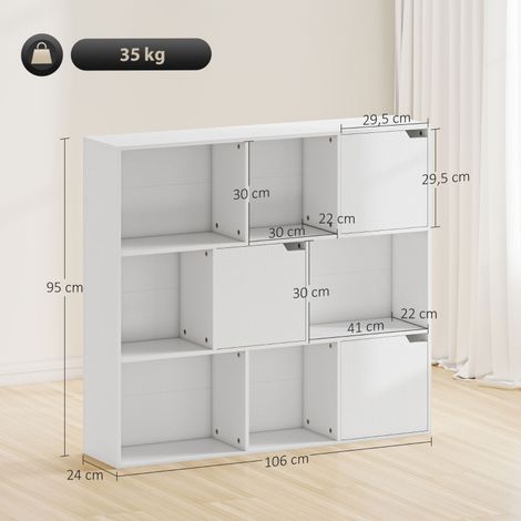 Bibliothèque 9 compartiments cubes - 3 portes, 6 étagères ouvertes, panneaux de particules blanc - Pour salon et chambre - Rangement modulaire. (1/5)