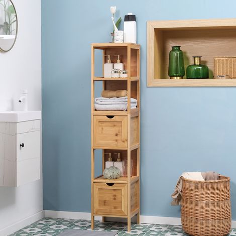 Meuble de salle de bain colonne moderne en bambou coloris bois naturel 30 x 30 x 140 cm avec 3 étagères et 2 tiroirs amovibles (1/5)