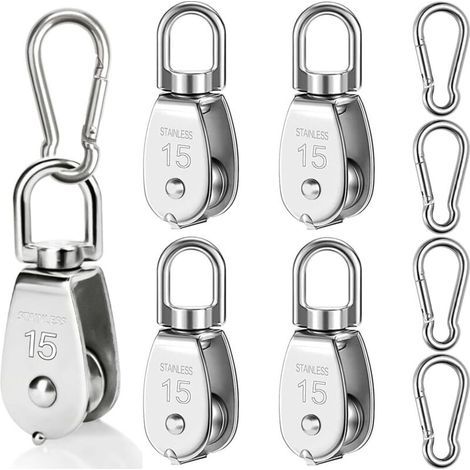 Un jeu de 4 poulies M15 en acier inoxydable pour cordes, poulies de retour, faible capacité de charge 35 kg, adaptées aux voiles d'ombrage, aux équipements de fitness, aux treuils. (1/4)