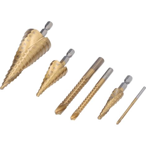 6-teiliges HSS-Titan-Stufenbohrer-Set, Sechskant-Spiralbohrer, Stufenbohrer für Holz, Lochsäge (1/5)
