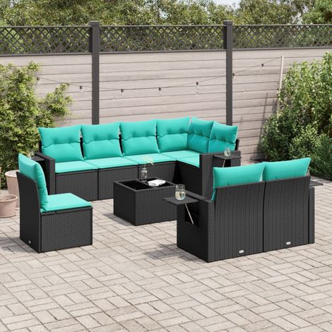 9-teiliges Gartensofa-Set mit Kissen, schwarzes Polyrattan (1/5)