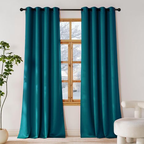 Rideau Occultants Thermique - Décoration de Fenêtre Chambre, Opaque Draperies à Oeillets Isolation Lumineux Anti Froid Chaleur, Bleu Paon, L140 X H240 cm, Lot de 2