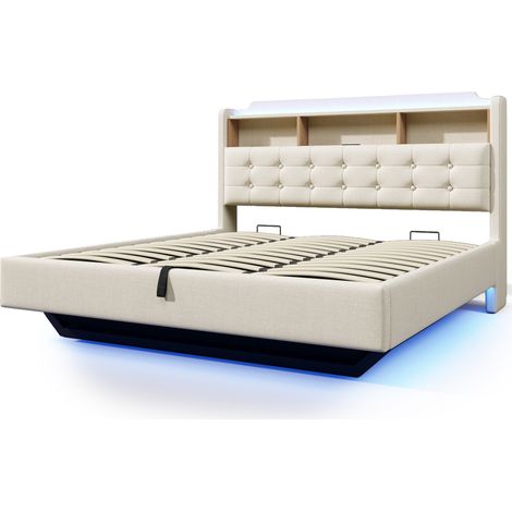 Lit coffre 180x200 beige, lit capitonné avec éclairage led, rangement hydraulique, ports USB/Type-C et design flottant. (1/5)