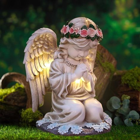 Ange Priant Statue Solaires de Jardin, Figurine d'ange Gardien LED avec Lanterne, Sculpture d'ange Féérique pour Extérieur (1/5)