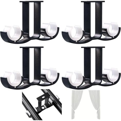 Supporti doppi per tende in metallo nero – Set di 4 pezzi, montaggio a soffitto, design robusto e moderno