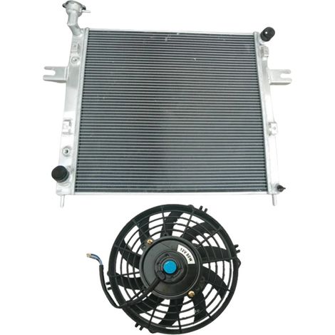 Radiador de aluminio de 3 filas, dimensiones del núcleo 545 mm x 590 mm, dimensiones totales 860 mm x 610 mm, compatible con Jeep Grand Cherokee 4.0L L6, 30 % más de capacidad de refrigeración. (1/5)
