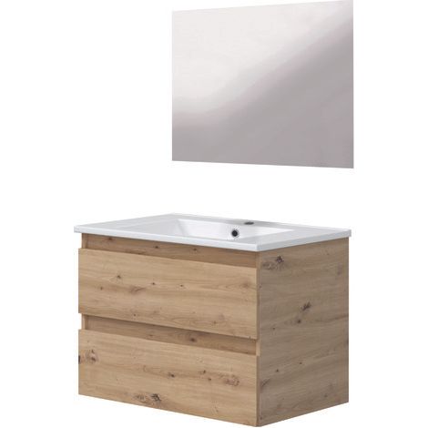ONDEE ZEN - Meuble salle de bain à suspendre LILA - 60cm - 2 Tiroirs -Bois - Miroir